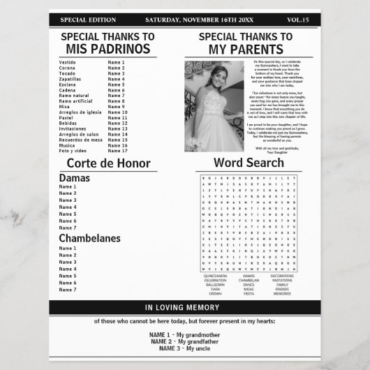 Quinceañera 15 Krantenprogramma Orde van Evenement Flyer (Achterkant)