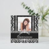 Quinceanera 15 Party Black White Damask Diamond Kaart (Staand voorkant)