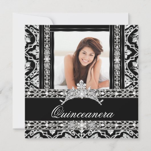 Quinceanera 15 Party Black White Damask Diamond Kaart (Voorkant)
