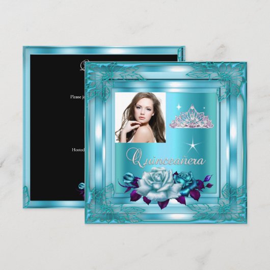 Quinceanera 15 Party Blauw Blauwgroen Rozen Foto Kaart (Voorkant / Achterkant)