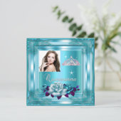 Quinceanera 15 Party Blauw Blauwgroen Rozen Foto Kaart (Staand voorkant)