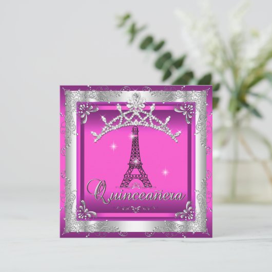 Quinceanera 15 Roze zilver Tiara Eiffel Tower Kaart (Staand voorkant)