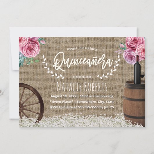 Quinceanera 15 Rustic Burlap Wine Barrel Floral Kaart (Voorkant)