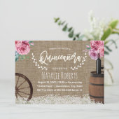 Quinceanera 15 Rustic Burlap Wine Barrel Floral Kaart (Staand voorkant)