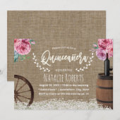 Quinceanera 15 Rustic Burlap Wine Barrel Floral Kaart (Voorkant / Achterkant)
