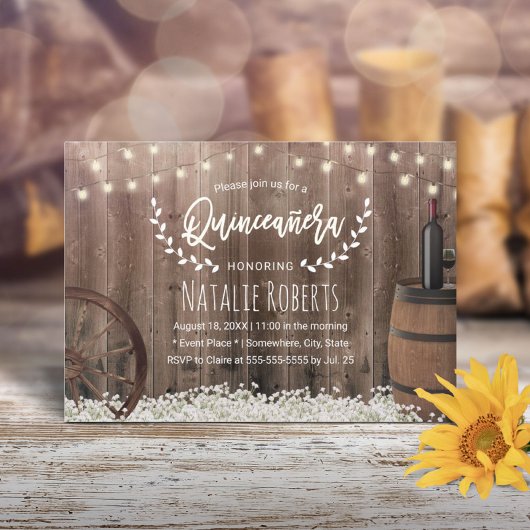 Quinceanera 15 Rustic Flowers Wine Barrel Birthday Kaart