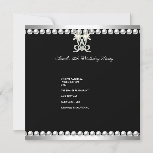 Quinceanera 15 Tiara Gown Zwart Zilver Wit Kaart (Achterkant)