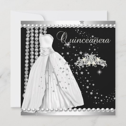Quinceanera 15 Tiara Gown Zwart Zilver Wit Kaart (Voorkant)