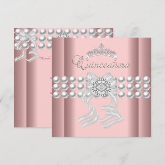 Quinceanera 15 Tiara Roze Zilver Witte Parel Roze Kaart (Voorkant / Achterkant)