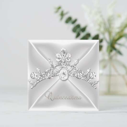 Quinceanera 15 Tiara Zilveren Witte Diamant Kaart (Staand voorkant)