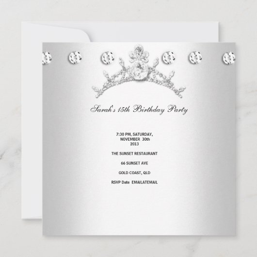 Quinceanera 15 Tiara Zilveren Witte Diamant Kaart (Achterkant)