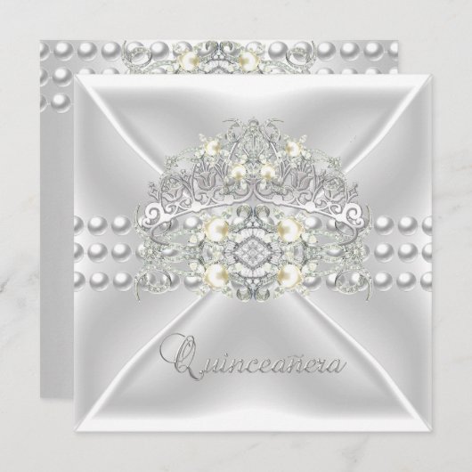 Quinceanera 15 Tiara Zilveren Witte Parel Diamant Kaart (Voorkant / Achterkant)