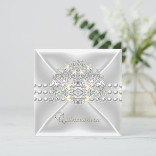 Quinceanera 15 Tiara Zilveren Witte Parel Diamant Kaart (Staand voorkant)