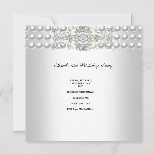 Quinceanera 15 Tiara Zilveren Witte Parel Diamant Kaart (Achterkant)