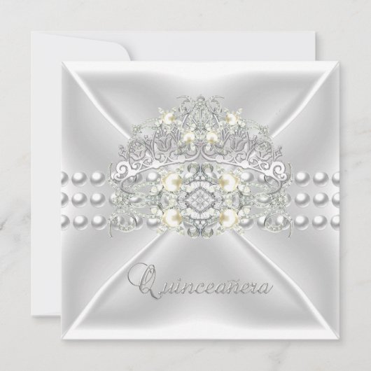 Quinceanera 15 Tiara Zilveren Witte Parel Diamant Kaart (Voorkant)