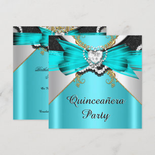 Quinceanera 15 Turkoois Gouden Kant Juwelen Feest Kaart