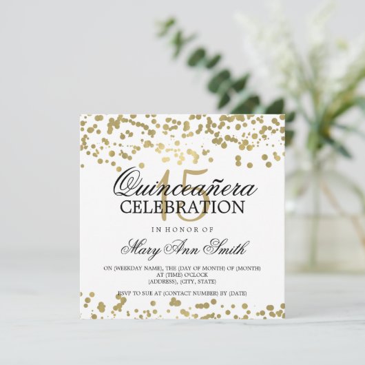 Quinceanera 15 Verjaardagsfeest Gold Foil Confetti Kaart (Staand voorkant)