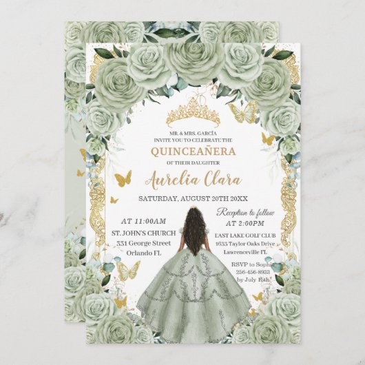 Quinceañera 15 XV Salie Groen Bloemen  Goud Kaart (Voorkant / Achterkant)