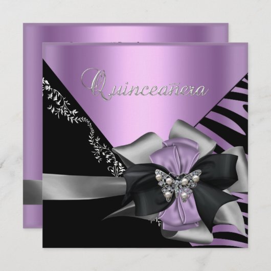 Quinceanera 15 Zebra Lila Paars Silver Kaart (Voorkant / Achterkant)