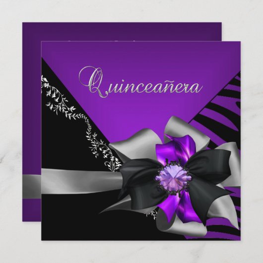 Quinceanera 15 Zebra Paarse zilver Kaart (Voorkant / Achterkant)