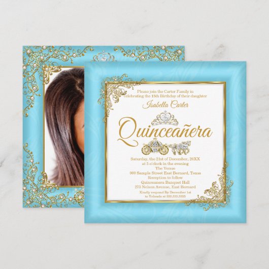 Quinceanera 15e Assepoester Blauwe Parel Tiara Fot Kaart (Voorkant / Achterkant)
