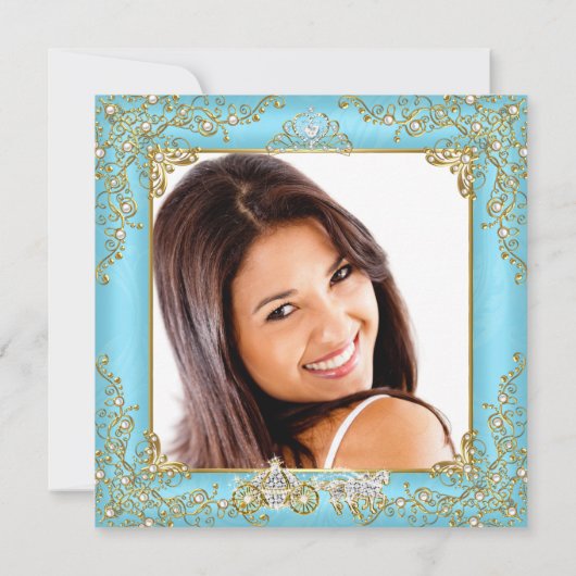 Quinceanera 15e Assepoester Blauwe Parel Tiara Fot Kaart (Achterkant)