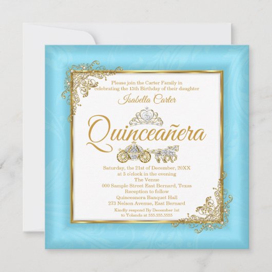 Quinceanera 15e Assepoester Blauwe Parel Tiara Fot Kaart (Voorkant)