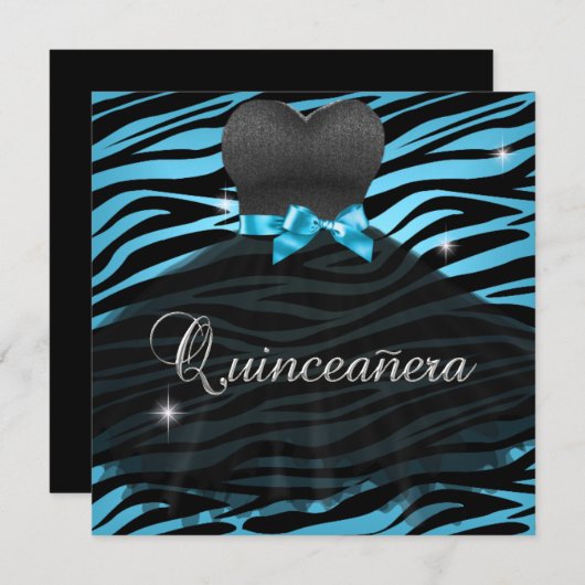 Quinceanera 15e Blauw Zwarte Zebra Jurk Kaart (Voorkant / Achterkant)