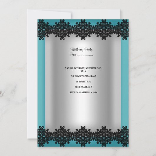 Quinceanera 15e Blauwgroen Black Silver Diamond Ti Kaart (Achterkant)