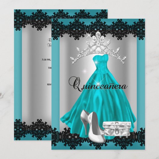 Quinceanera 15e Blauwgroen Black Silver Diamond Ti Kaart (Voorkant / Achterkant)