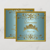 Quinceanera 15e Blauwgroen Blauw Goud Tiara Kaart (Voorkant / Achterkant)