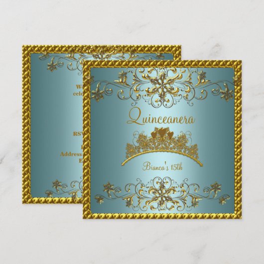 Quinceanera 15e Blauwgroen Blauw Goud Tiara Kaart (Voorkant / Achterkant)