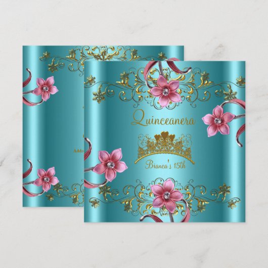 Quinceanera 15e Blauwgroen Blauw Roze Bloemen Goud Kaart (Voorkant / Achterkant)
