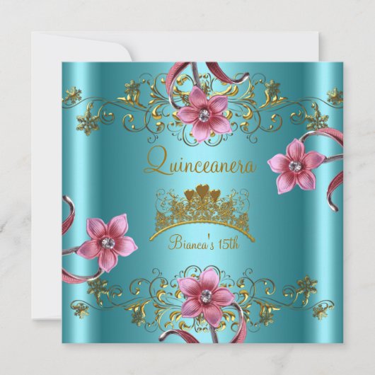 Quinceanera 15e Blauwgroen Blauw Roze Bloemen Goud Kaart (Voorkant)