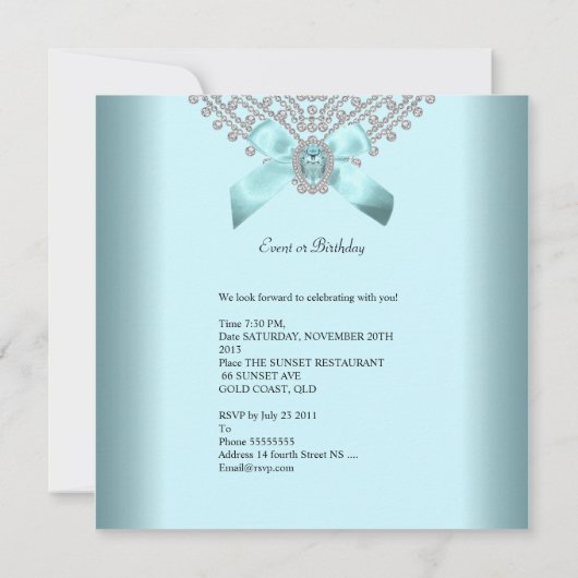 Quinceanera 15e Blauwgroen Blauw Wit Faux Diamond Kaart (Achterkant)