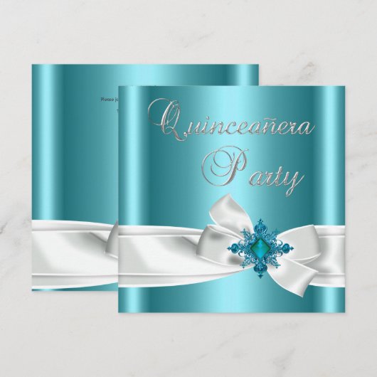 Quinceanera 15e Blauwgroen Blauw Zilver White Bow Kaart (Voorkant / Achterkant)