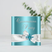 Quinceanera 15e Blauwgroen Blauw Zilver White Bow Kaart (Staand voorkant)