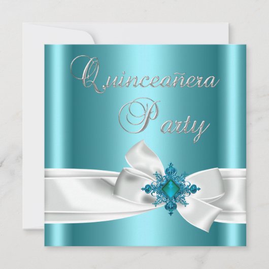 Quinceanera 15e Blauwgroen Blauw Zilver White Bow Kaart (Voorkant)