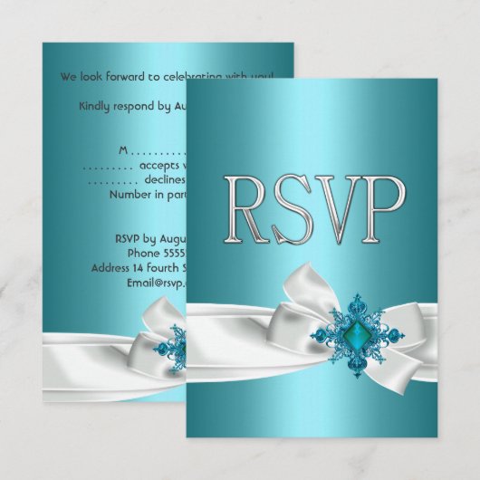 Quinceanera 15e Blauwgroen Blauw Zilver Wit Bow RS Kaart (Voorkant / Achterkant)