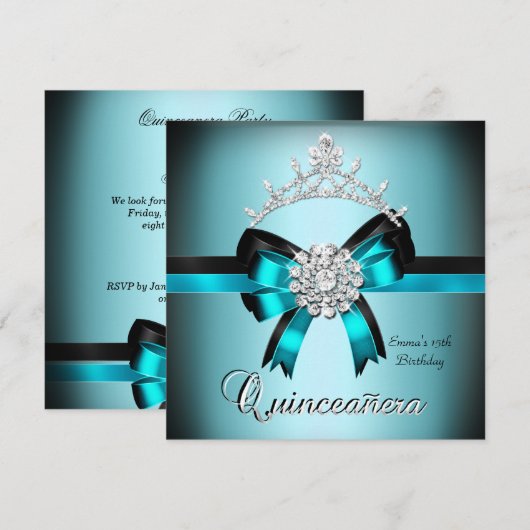 Quinceanera 15e Blauwgroen Blauw Zilveren Bow Kaart (Voorkant / Achterkant)
