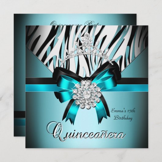 Quinceanera 15e Blauwgroen Blauw Zwarte Zebra Silv Kaart (Voorkant / Achterkant)