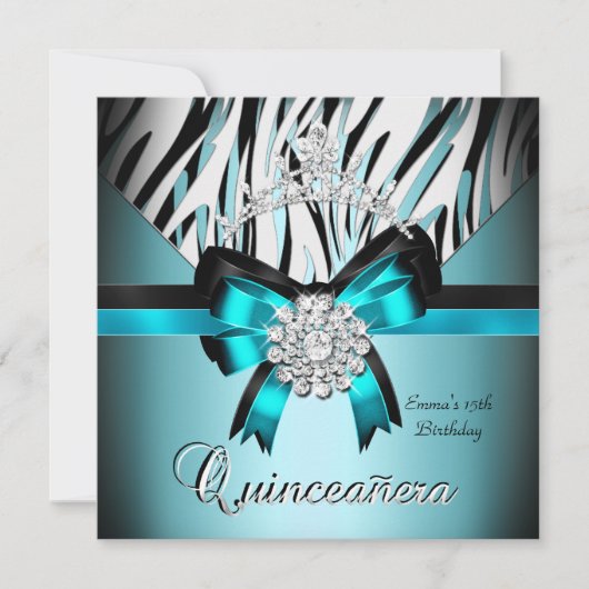 Quinceanera 15e Blauwgroen Blauw Zwarte Zebra Silv Kaart (Voorkant)