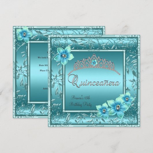 Quinceañera 15e Blauwgroen Blauwe Bloem Zilveren T Kaart (Voorkant / Achterkant)
