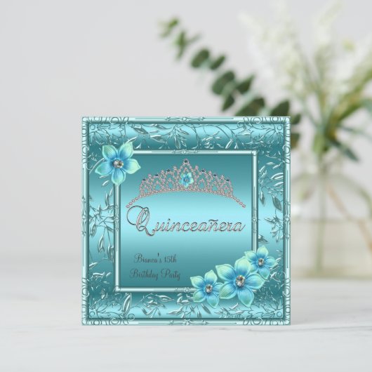 Quinceañera 15e Blauwgroen Blauwe Bloem Zilveren T Kaart (Staand voorkant)