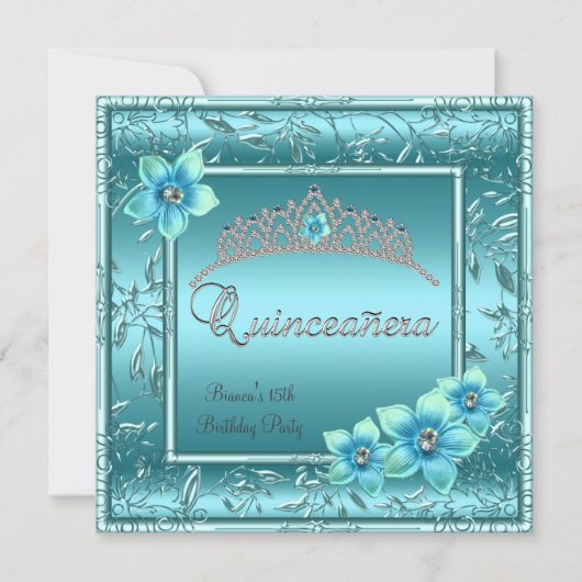 Quinceañera 15e Blauwgroen Blauwe Bloem Zilveren T Kaart (Voorkant)