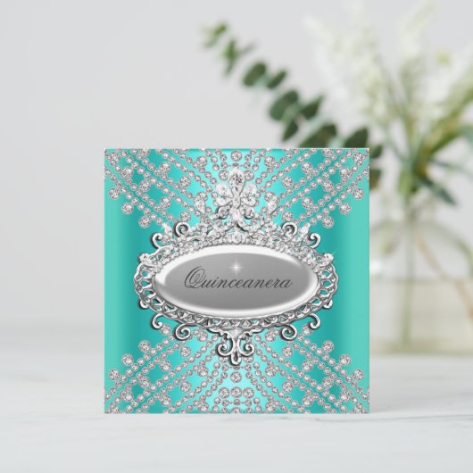 Quinceanera 15e Blauwgroen blauwe diamant Kaart (Staand voorkant)