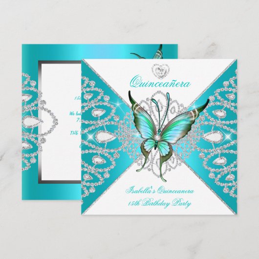 Quinceanera 15e  Blauwgroen blauwe vlinder Nieuw Kaart (Voorkant / Achterkant)