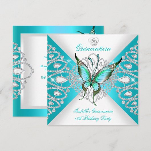 Quinceanera 15e  Blauwgroen blauwe vlinder Tiara Kaart (Voorkant / Achterkant)