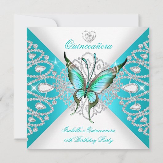 Quinceanera 15e Blauwgroen blauwe vlinder Tiara Kaart (Voorkant)