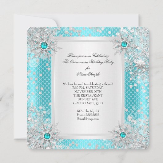 Quinceanera 15e Blauwgroen Blauwe Winter Wonderlan Kaart (Achterkant)